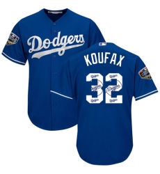 Men's Majestic Los Angeles Dodgers #32 Sandy Koufax Authentic Royal Blue Team Logo Fashion Cool Base 2018 World Series MLB Jersey