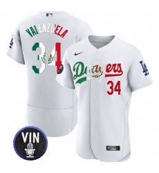 Men's Los Angeles Dodgers #34 Fernando Valenzuela White Mexico Special Vin Scully Flex Base Stitched Baseball Jersey