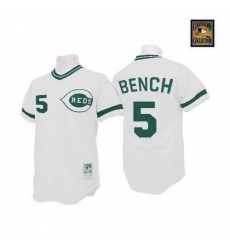 Men's Mitchell and Ness Cincinnati Reds #5 Johnny Bench Replica White(Green Patch) Throwback MLB Jersey