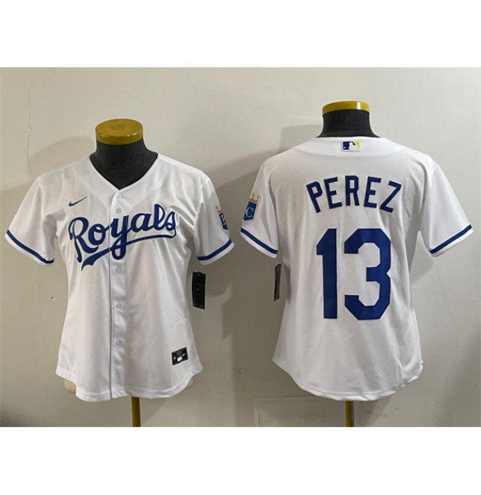 Youth Kansas City Royals #13 Salvador Perez White Cool Base Stitched Baseball Jersey