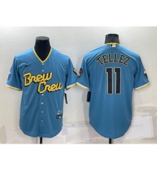 Men's Milwaukee Brewers #11 Rowdy Tellez Blue 2022 City Connect Cool Base Stitched Jersey