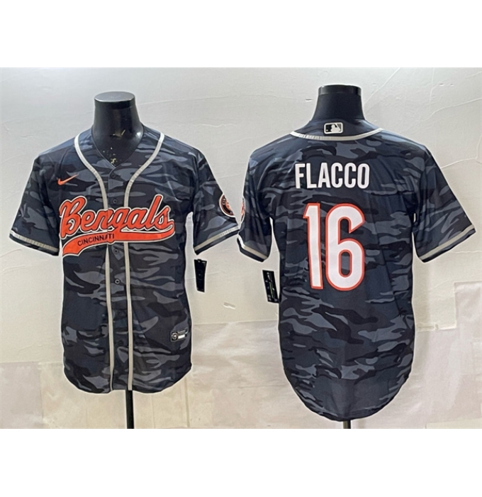 Men's Cincinnati Bengals #16 Joe Flacco Grey Camo With Cool Base Stitched Baseball Jersey