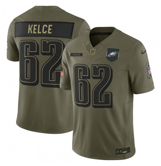 Men's Philadelphia Eagles #62 Jason Kelce Olive 2025 Salute to Service Limited Football Stitched Jersey