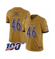 Men's Baltimore Ravens #46 Morgan Cox Limited Gold Inverted Legend 100th Season Football Jersey