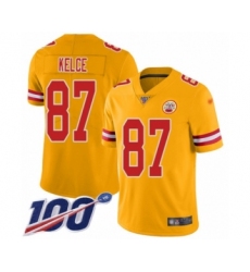 Men's Kansas City Chiefs #87 Travis Kelce Limited Gold Inverted Legend 100th Season Football Jersey